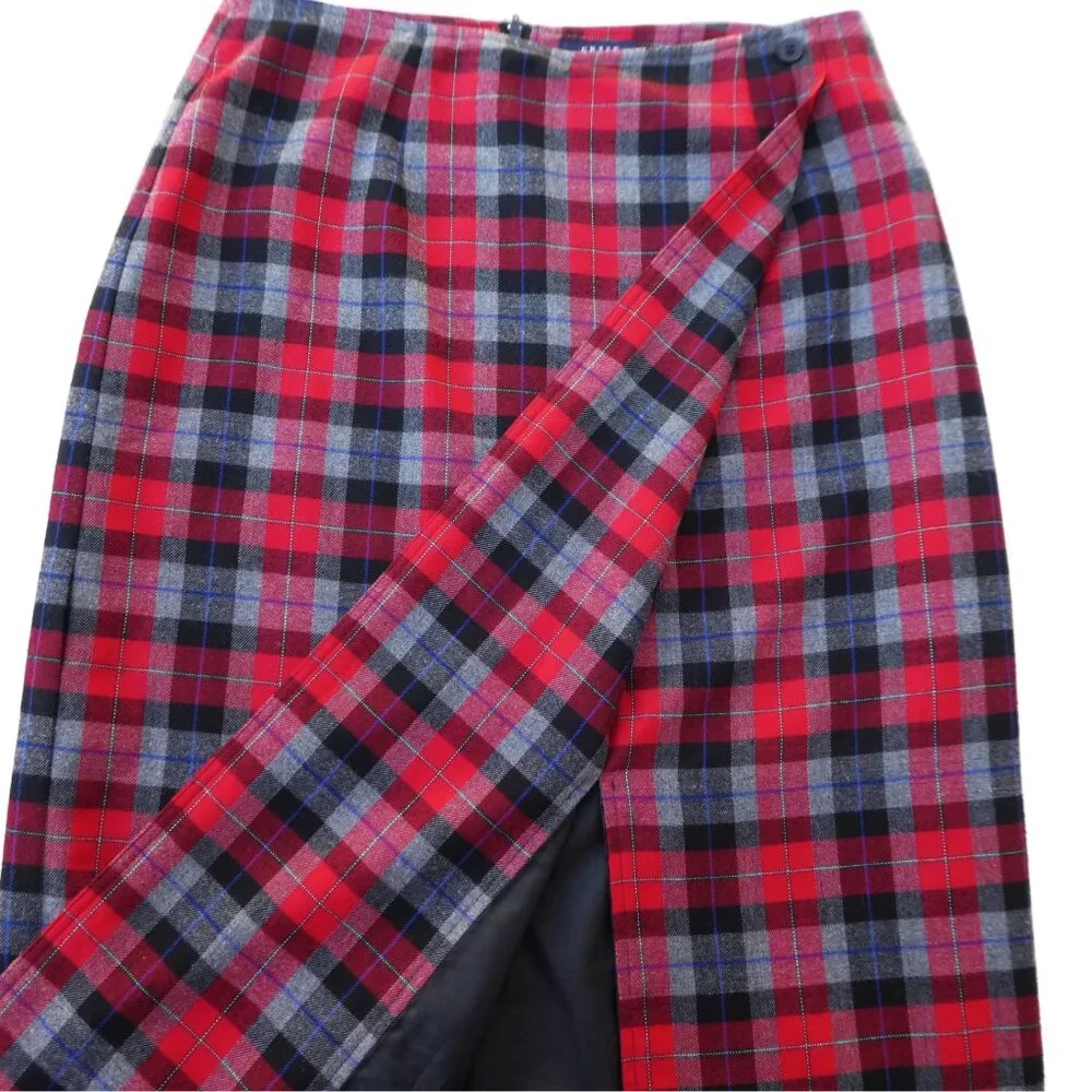 Crazy Horse Liz Claiborne Red Plaid Maxi Skirt Lined Faux Wrap Back Zip 12